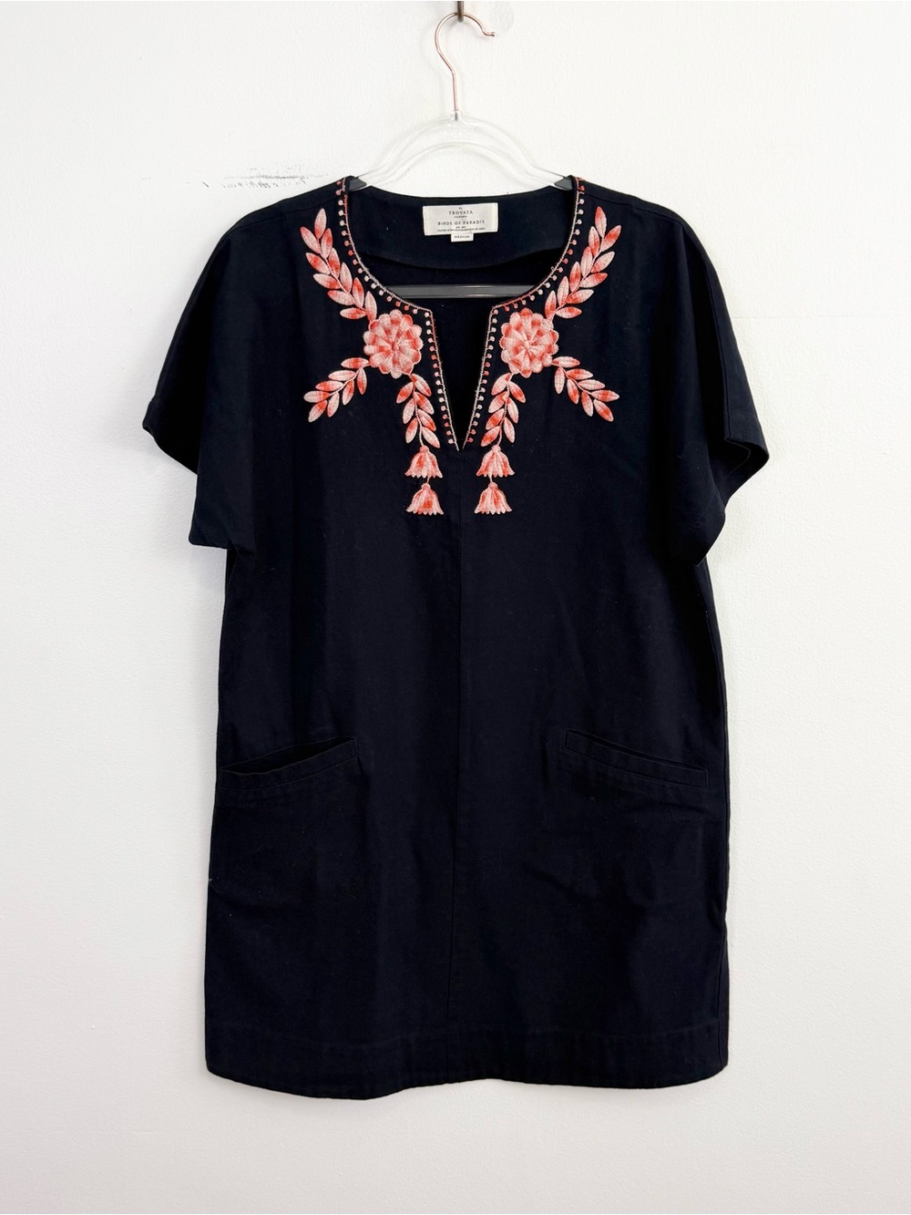 Trovata Birds of Paradis Embroidered Tunic Dress Navy Pink Floral Cotton Medium